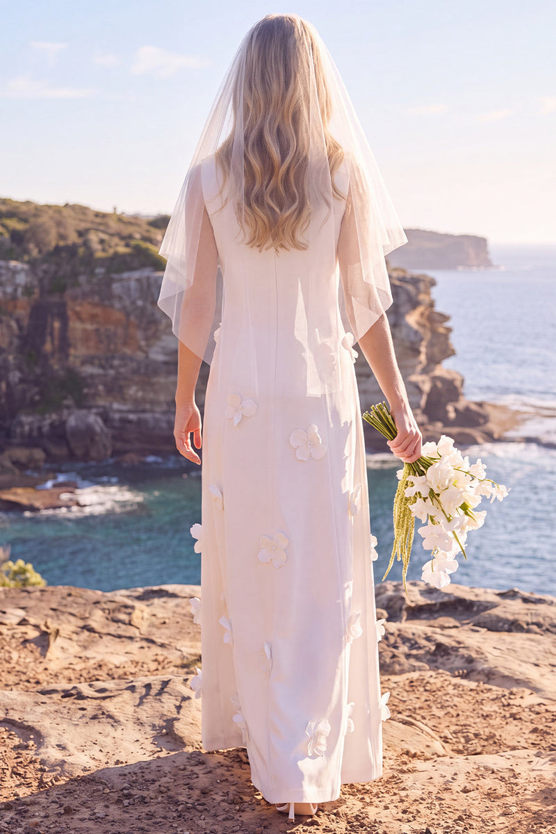Laden Sie das Bild in den Galerie-Viewer, Weißes Kleid mit Rundhals-Appliqued Maxi Elopement Hochzeitskleid