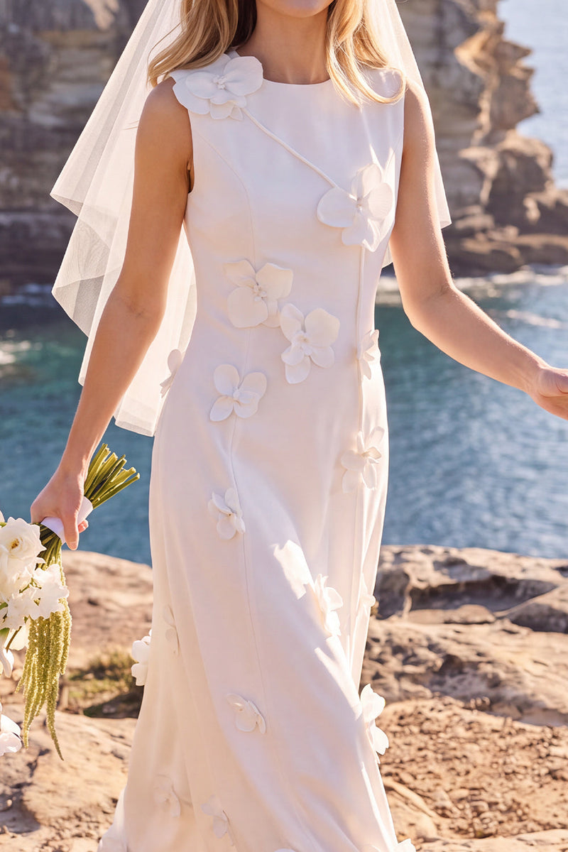 Laden Sie das Bild in den Galerie-Viewer, Weißes Kleid mit Rundhals-Appliqued Maxi Elopement Hochzeitskleid