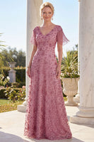 Laden Sie das Bild in den Galerie-Viewer, Staubiges A-Linie V-Ausschnitt Mutter-der-Braut-Kleid mit Fransen