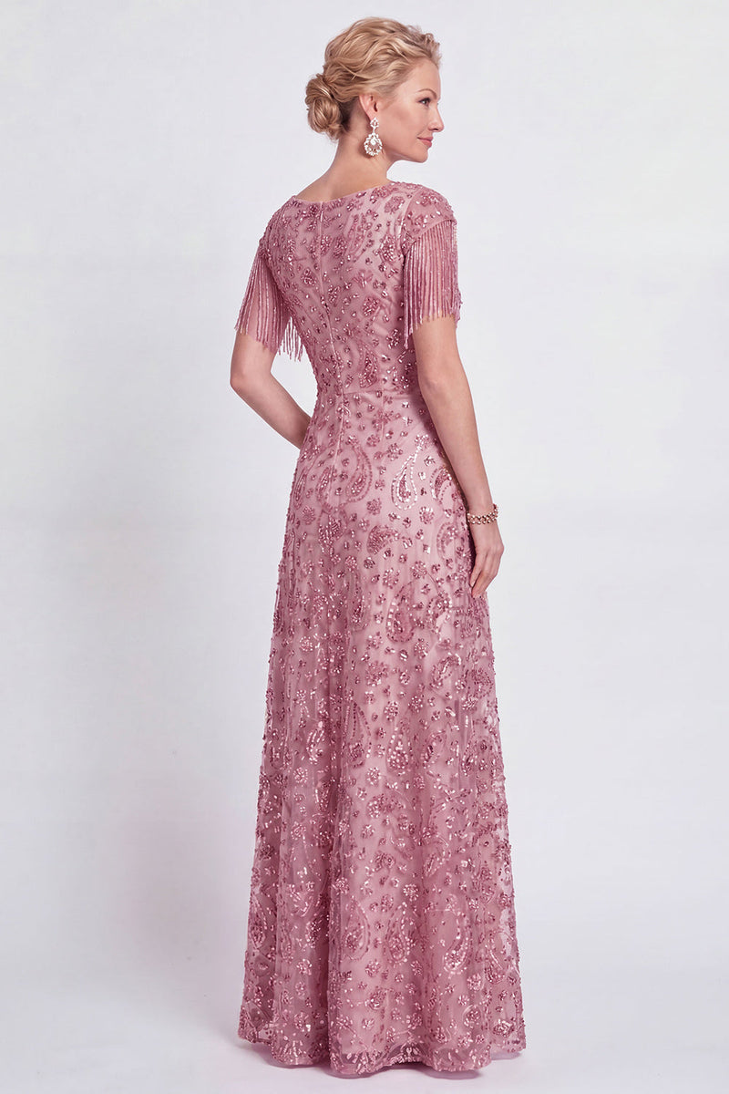 Laden Sie das Bild in den Galerie-Viewer, Staubiges A-Linie V-Ausschnitt Mutter-der-Braut-Kleid mit Fransen
