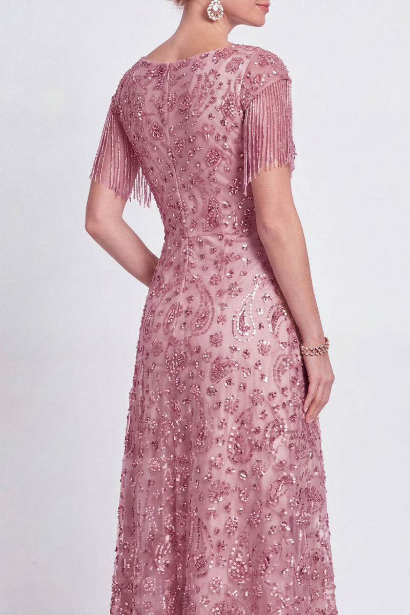 Laden Sie das Bild in den Galerie-Viewer, Staubiges A-Linie V-Ausschnitt Mutter-der-Braut-Kleid mit Fransen