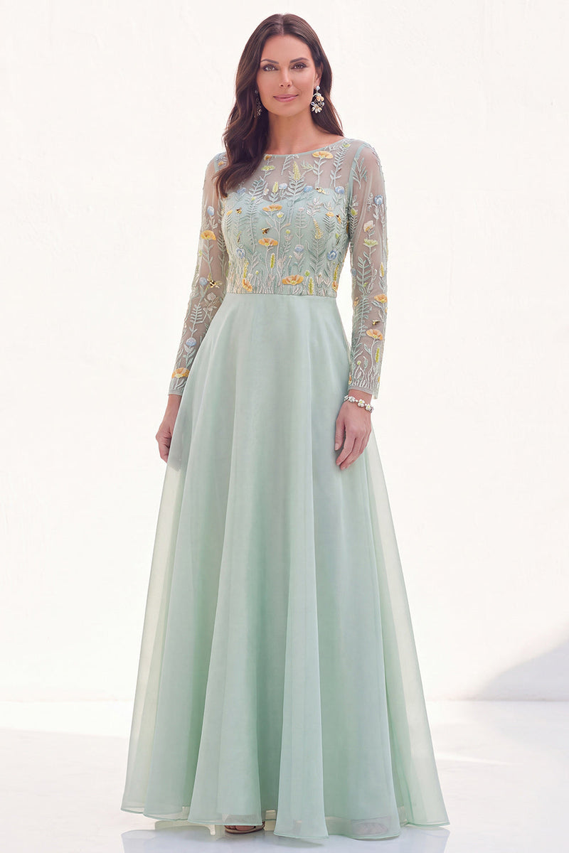 Laden Sie das Bild in den Galerie-Viewer, Chiffon Grünes A-Linie Bateau-Hals Mütter der Braut Kleid mit langen Ärmeln