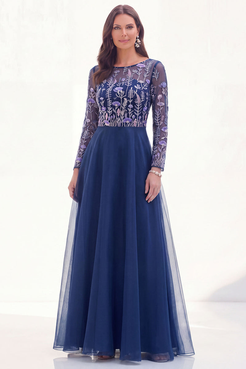 Laden Sie das Bild in den Galerie-Viewer, Chiffon Grünes A-Linie Bateau-Hals Mütter der Braut Kleid mit langen Ärmeln