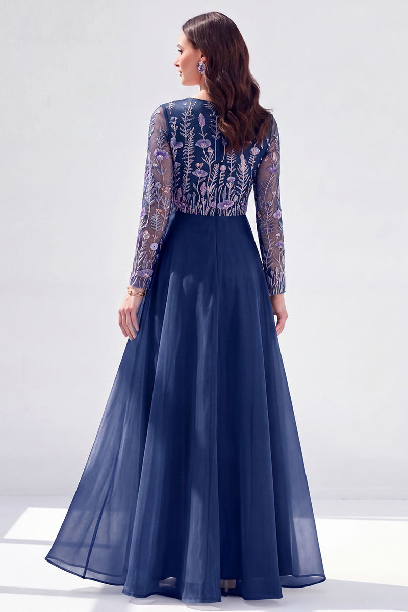 Laden Sie das Bild in den Galerie-Viewer, Chiffon Grünes A-Linie Bateau-Hals Mütter der Braut Kleid mit langen Ärmeln