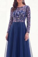 Laden Sie das Bild in den Galerie-Viewer, Chiffon Grünes A-Linie Bateau-Hals Mütter der Braut Kleid mit langen Ärmeln