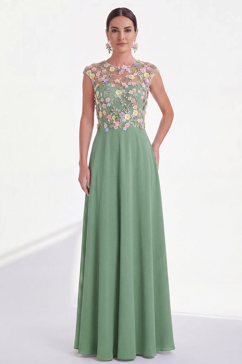 Laden Sie das Bild in den Galerie-Viewer, Grünes Blumen A-Linie Rundhals Appliquiertes Langes Mutter der Braut Kleid mit Mützenärmeln