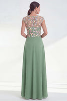 Laden Sie das Bild in den Galerie-Viewer, Grünes Blumen A-Linie Rundhals Appliquiertes Langes Mutter der Braut Kleid mit Mützenärmeln