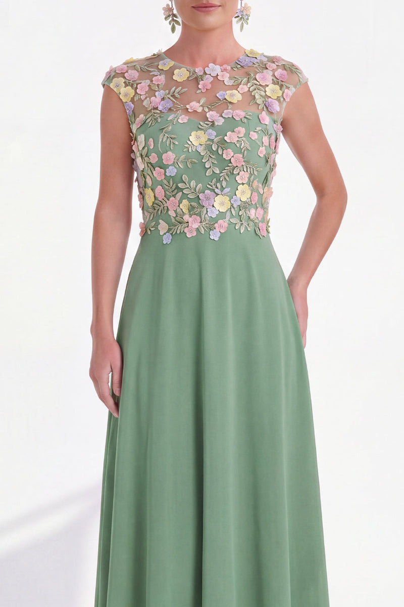 Laden Sie das Bild in den Galerie-Viewer, Grünes Blumen A-Linie Rundhals Appliquiertes Langes Mutter der Braut Kleid mit Mützenärmeln