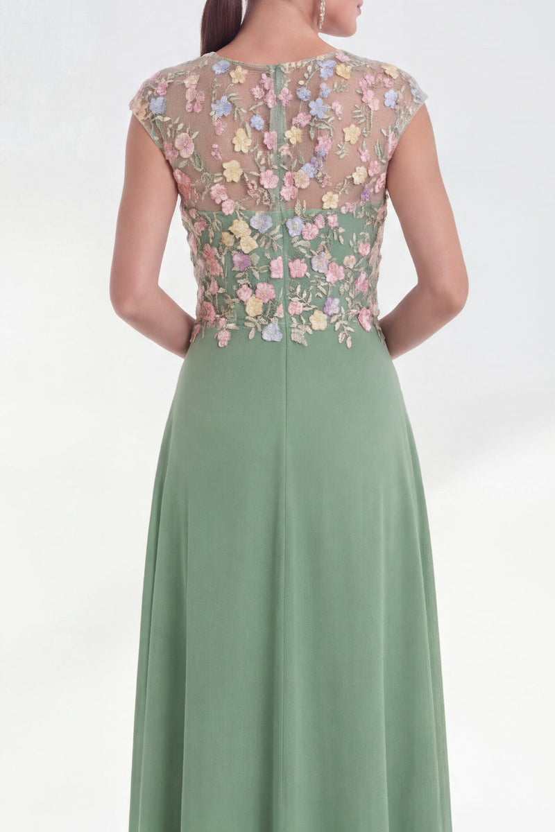 Laden Sie das Bild in den Galerie-Viewer, Grünes Blumen A-Linie Rundhals Appliquiertes Langes Mutter der Braut Kleid mit Mützenärmeln