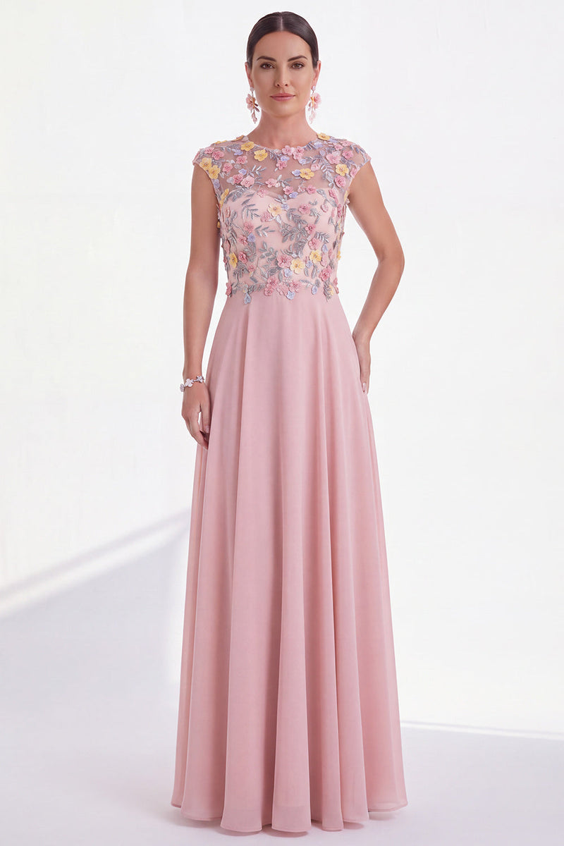 Laden Sie das Bild in den Galerie-Viewer, Grünes Blumen A-Linie Rundhals Appliquiertes Langes Mutter der Braut Kleid mit Mützenärmeln