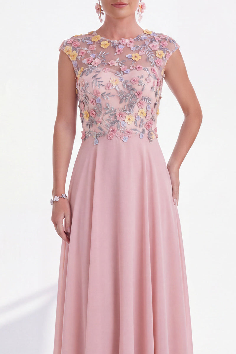 Laden Sie das Bild in den Galerie-Viewer, Grünes Blumen A-Linie Rundhals Appliquiertes Langes Mutter der Braut Kleid mit Mützenärmeln