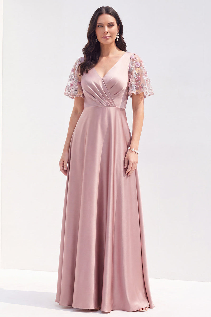 Laden Sie das Bild in den Galerie-Viewer, Graurosa Satin V-Ausschnitt Blumenmuster Langes Mutter der Braut mit Kurzärmeln