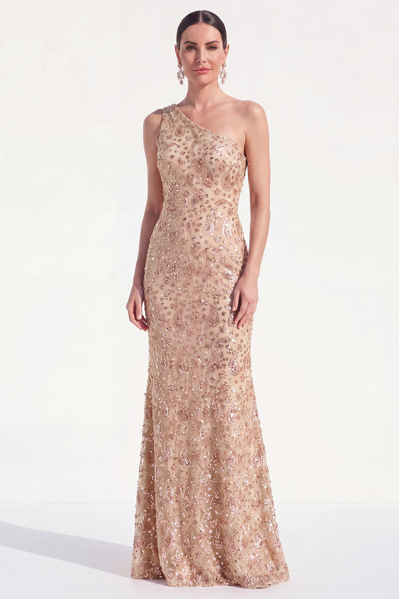 Laden Sie das Bild in den Galerie-Viewer, Meerjungfrau Champagner Einschulter Blumenkleid Mutter der Braut mit Pailletten
