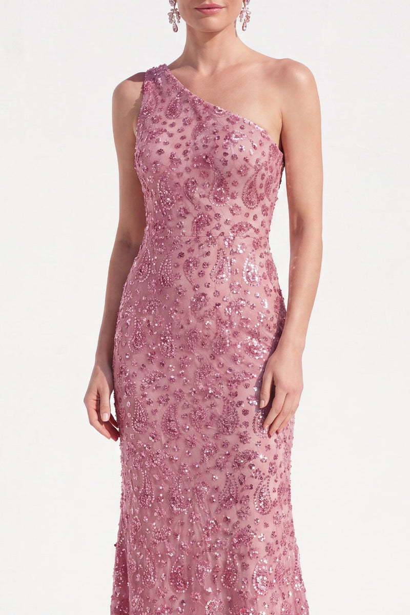 Laden Sie das Bild in den Galerie-Viewer, Meerjungfrau Champagner Einschulter Blumenkleid Mutter der Braut mit Pailletten