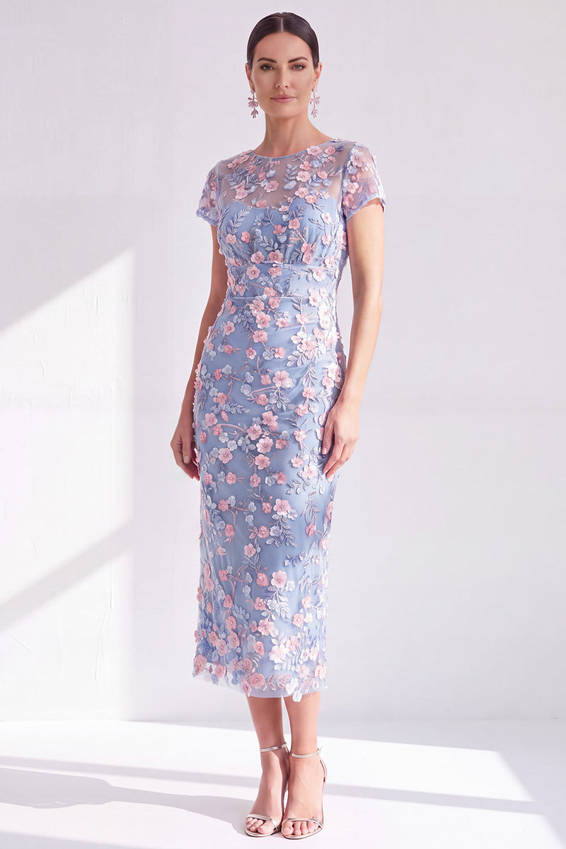 Laden Sie das Bild in den Galerie-Viewer, Blaues Geblümtes Bodycon Rundhals Appliquierung Midi Mutter der Braut Kleid mit Schlitz