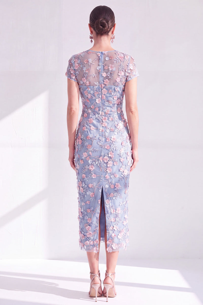 Laden Sie das Bild in den Galerie-Viewer, Blaues Geblümtes Bodycon Rundhals Appliquierung Midi Mutter der Braut Kleid mit Schlitz