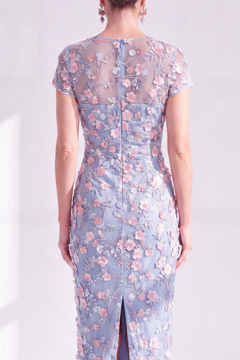 Laden Sie das Bild in den Galerie-Viewer, Blaues Geblümtes Bodycon Rundhals Appliquierung Midi Mutter der Braut Kleid mit Schlitz