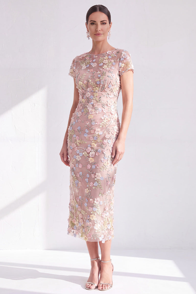 Laden Sie das Bild in den Galerie-Viewer, Blaues Geblümtes Bodycon Rundhals Appliquierung Midi Mutter der Braut Kleid mit Schlitz