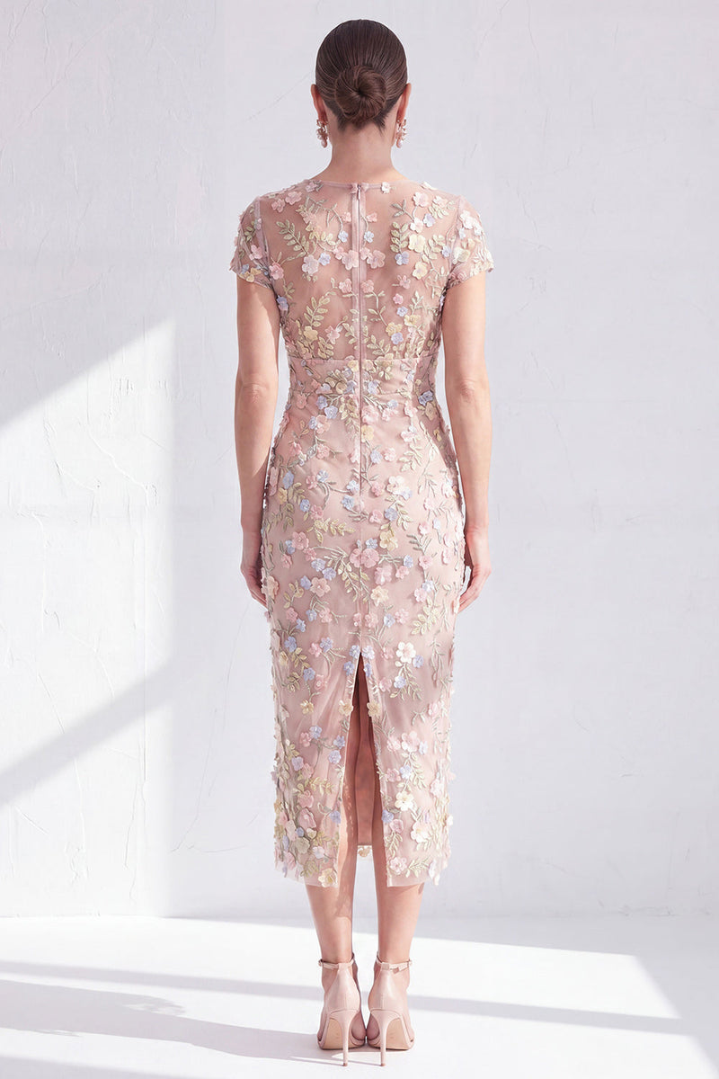 Laden Sie das Bild in den Galerie-Viewer, Blaues Geblümtes Bodycon Rundhals Appliquierung Midi Mutter der Braut Kleid mit Schlitz