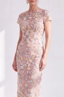 Laden Sie das Bild in den Galerie-Viewer, Blaues Geblümtes Bodycon Rundhals Appliquierung Midi Mutter der Braut Kleid mit Schlitz