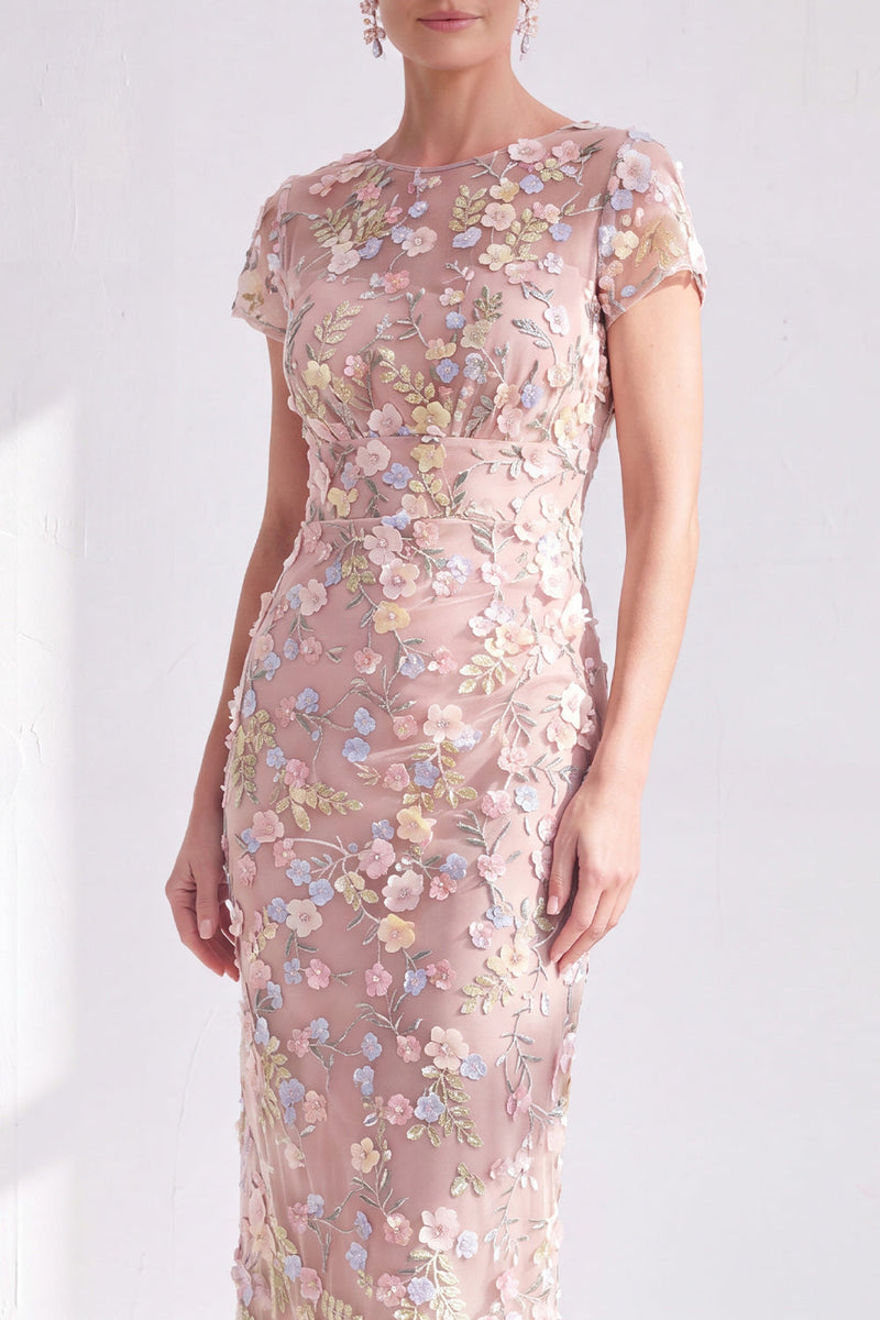 Laden Sie das Bild in den Galerie-Viewer, Blaues Geblümtes Bodycon Rundhals Appliquierung Midi Mutter der Braut Kleid mit Schlitz