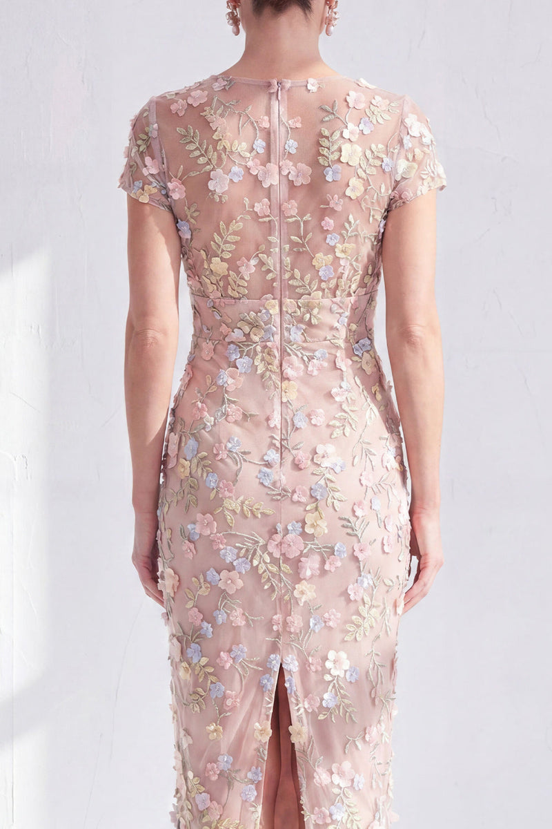 Laden Sie das Bild in den Galerie-Viewer, Blaues Geblümtes Bodycon Rundhals Appliquierung Midi Mutter der Braut Kleid mit Schlitz