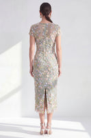 Laden Sie das Bild in den Galerie-Viewer, Blaues Geblümtes Bodycon Rundhals Appliquierung Midi Mutter der Braut Kleid mit Schlitz