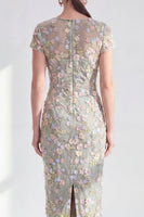 Laden Sie das Bild in den Galerie-Viewer, Blaues Geblümtes Bodycon Rundhals Appliquierung Midi Mutter der Braut Kleid mit Schlitz