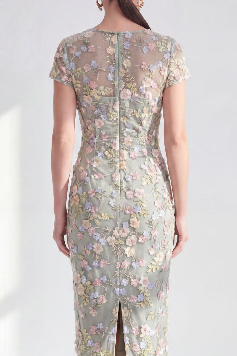 Laden Sie das Bild in den Galerie-Viewer, Blaues Geblümtes Bodycon Rundhals Appliquierung Midi Mutter der Braut Kleid mit Schlitz