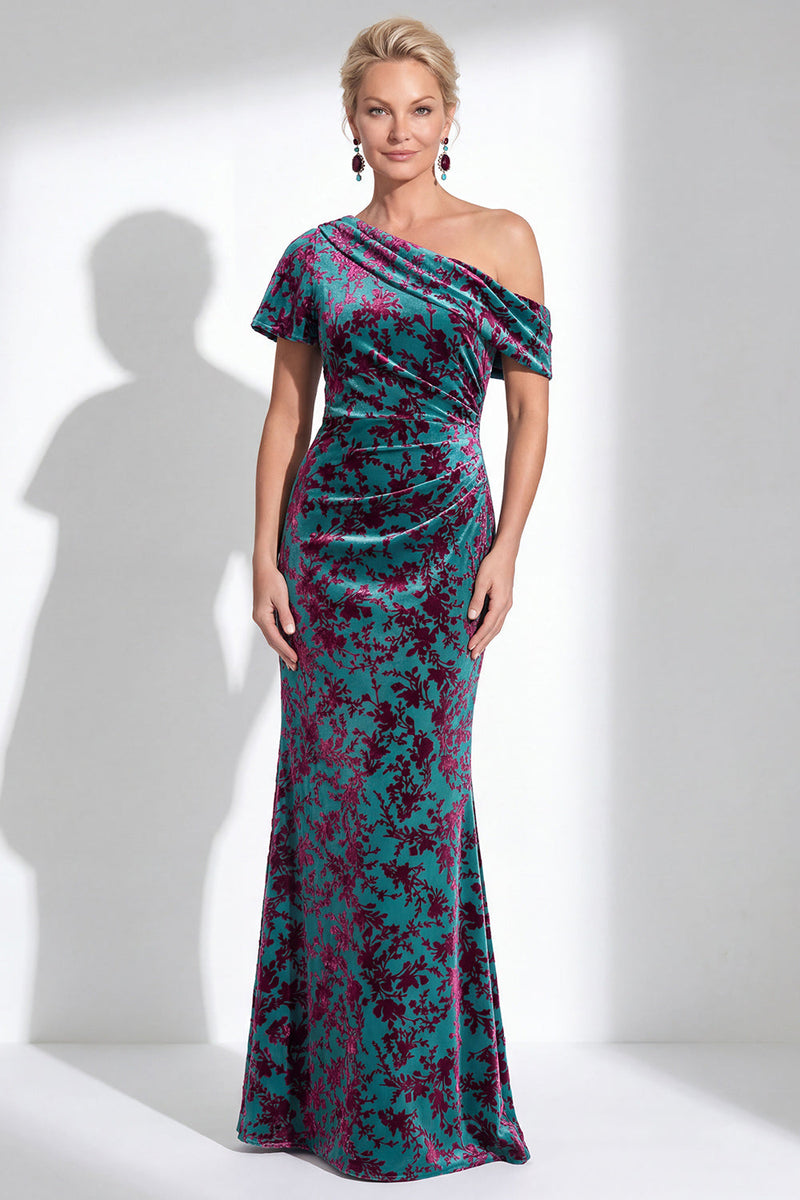 Laden Sie das Bild in den Galerie-Viewer, Ein Schulter Fuchsia Meerjungfrauen Samt Blumen Langes Mutter-der-Braut-Kleid