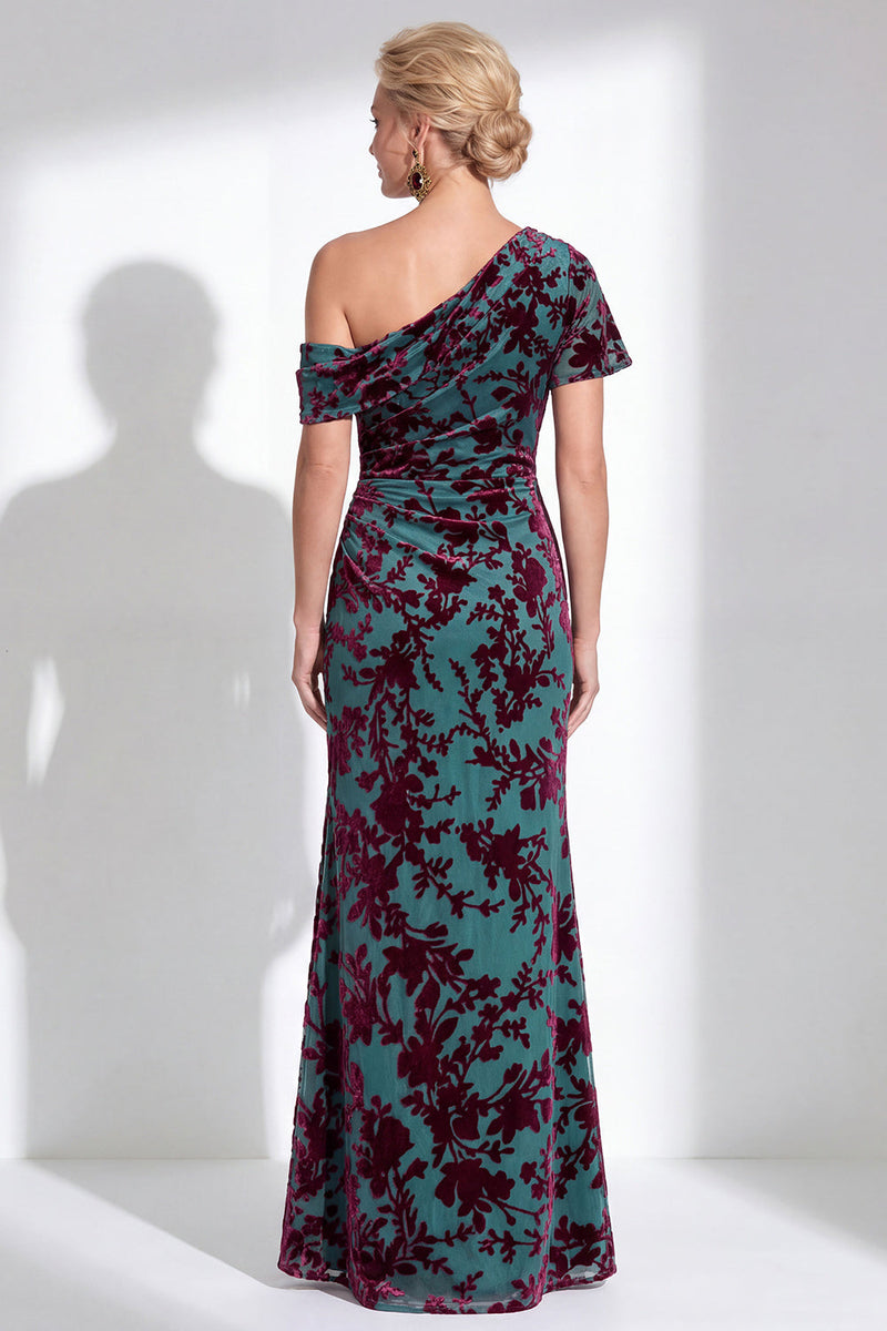 Laden Sie das Bild in den Galerie-Viewer, Ein Schulter Fuchsia Meerjungfrauen Samt Blumen Langes Mutter-der-Braut-Kleid