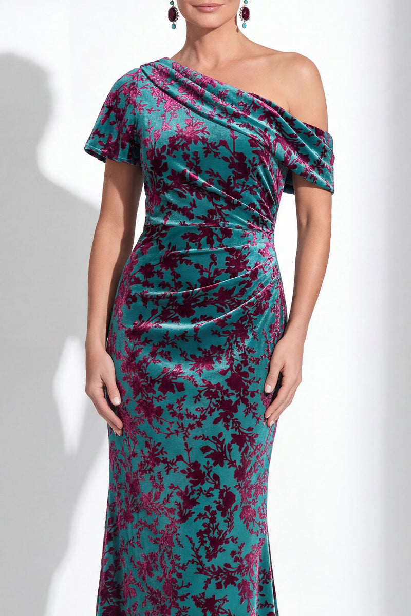 Laden Sie das Bild in den Galerie-Viewer, Ein Schulter Fuchsia Meerjungfrauen Samt Blumen Langes Mutter-der-Braut-Kleid
