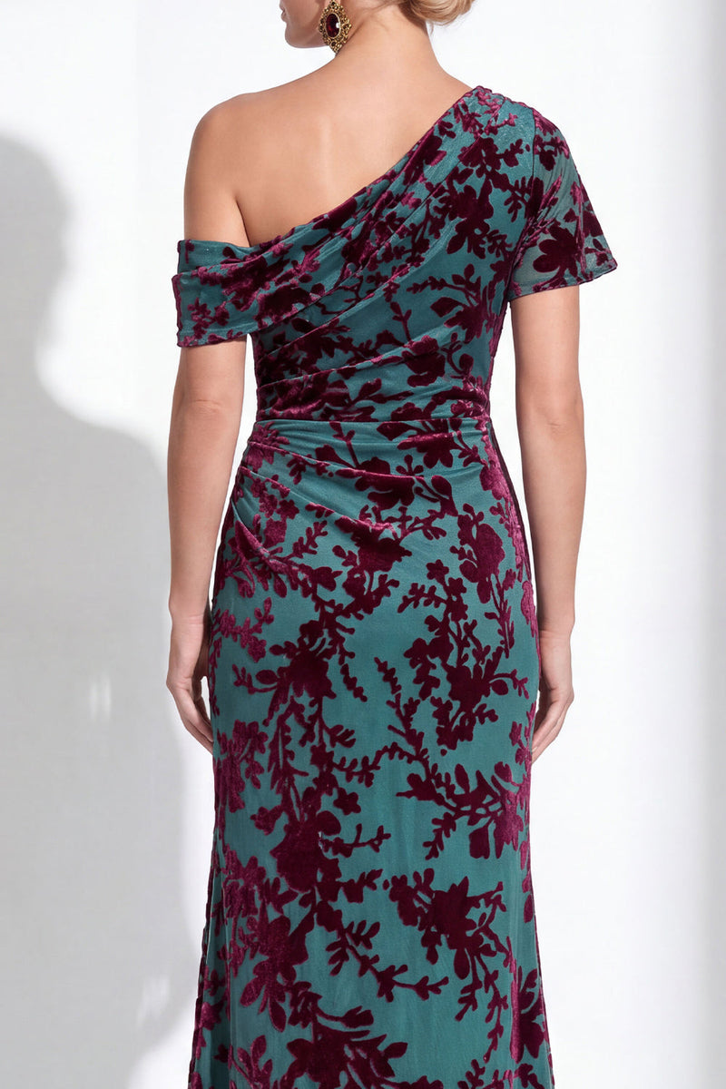 Laden Sie das Bild in den Galerie-Viewer, Ein Schulter Fuchsia Meerjungfrauen Samt Blumen Langes Mutter-der-Braut-Kleid