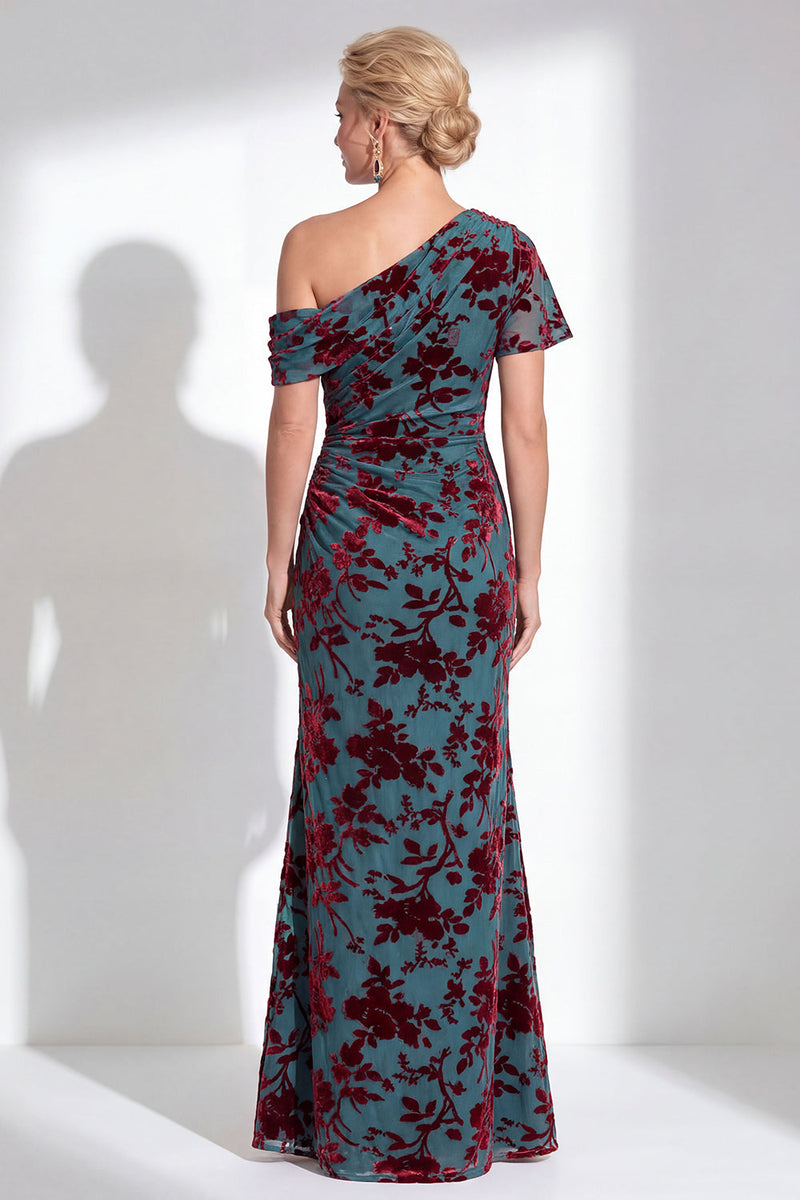 Laden Sie das Bild in den Galerie-Viewer, Ein Schulter Fuchsia Meerjungfrauen Samt Blumen Langes Mutter-der-Braut-Kleid