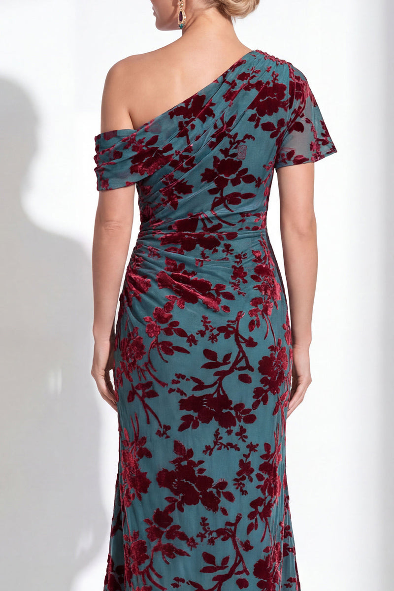 Laden Sie das Bild in den Galerie-Viewer, Ein Schulter Fuchsia Meerjungfrauen Samt Blumen Langes Mutter-der-Braut-Kleid