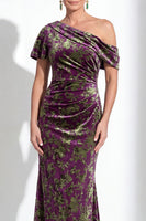 Laden Sie das Bild in den Galerie-Viewer, Ein Schulter Fuchsia Meerjungfrauen Samt Blumen Langes Mutter-der-Braut-Kleid