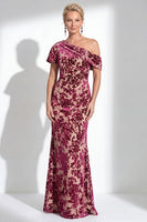 Laden Sie das Bild in den Galerie-Viewer, Ein Schulter Fuchsia Meerjungfrauen Samt Blumen Langes Mutter-der-Braut-Kleid