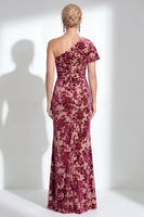 Laden Sie das Bild in den Galerie-Viewer, Ein Schulter Fuchsia Meerjungfrauen Samt Blumen Langes Mutter-der-Braut-Kleid