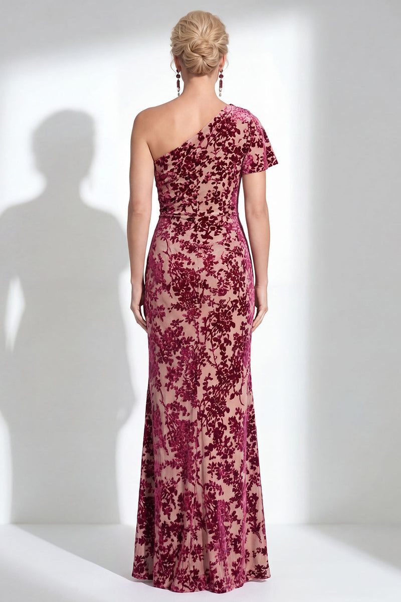 Laden Sie das Bild in den Galerie-Viewer, Ein Schulter Fuchsia Meerjungfrauen Samt Blumen Langes Mutter-der-Braut-Kleid