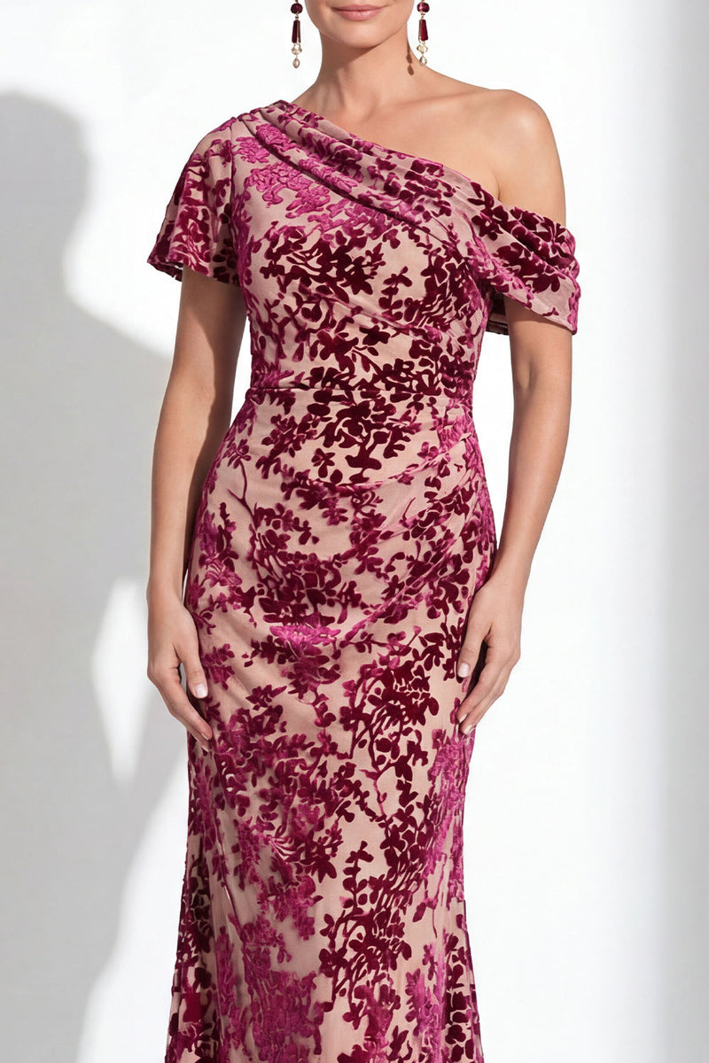Laden Sie das Bild in den Galerie-Viewer, Ein Schulter Fuchsia Meerjungfrauen Samt Blumen Langes Mutter-der-Braut-Kleid