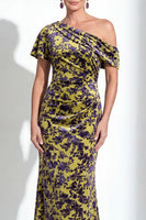 Laden Sie das Bild in den Galerie-Viewer, Ein Schulter Fuchsia Meerjungfrauen Samt Blumen Langes Mutter-der-Braut-Kleid