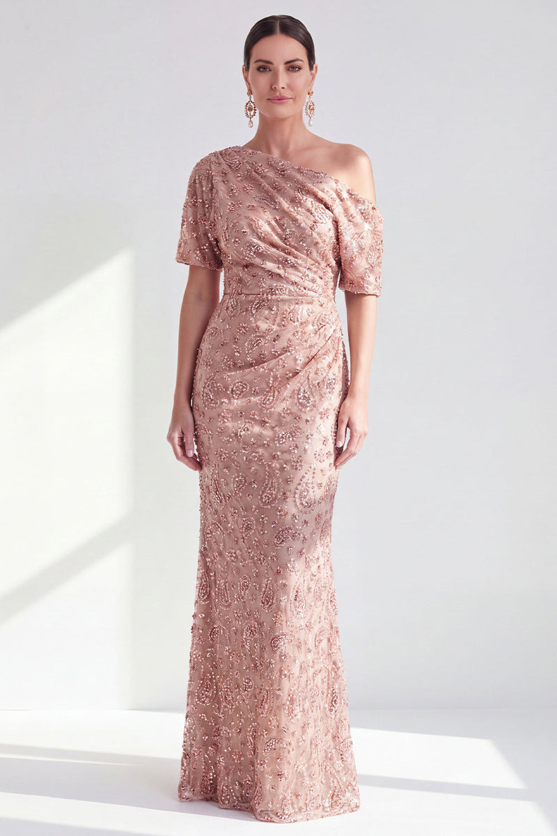 Laden Sie das Bild in den Galerie-Viewer, Einschulter Meerjungfrau Champagner Floral Raff Mutter der Braut Kleid mit Pailletten