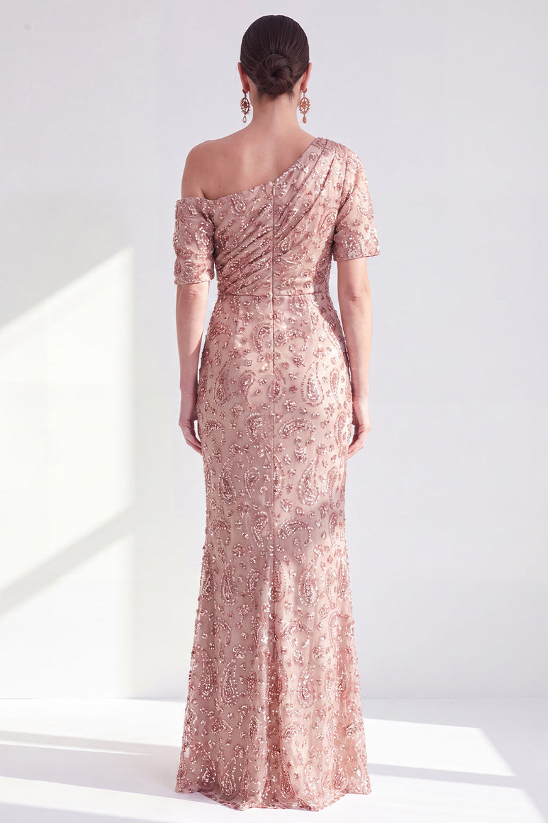 Laden Sie das Bild in den Galerie-Viewer, Einschulter Meerjungfrau Champagner Floral Raff Mutter der Braut Kleid mit Pailletten