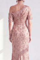 Laden Sie das Bild in den Galerie-Viewer, Einschulter Meerjungfrau Champagner Floral Raff Mutter der Braut Kleid mit Pailletten