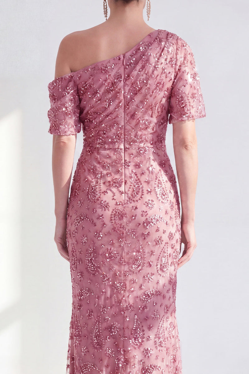 Laden Sie das Bild in den Galerie-Viewer, Einschulter Meerjungfrau Champagner Floral Raff Mutter der Braut Kleid mit Pailletten