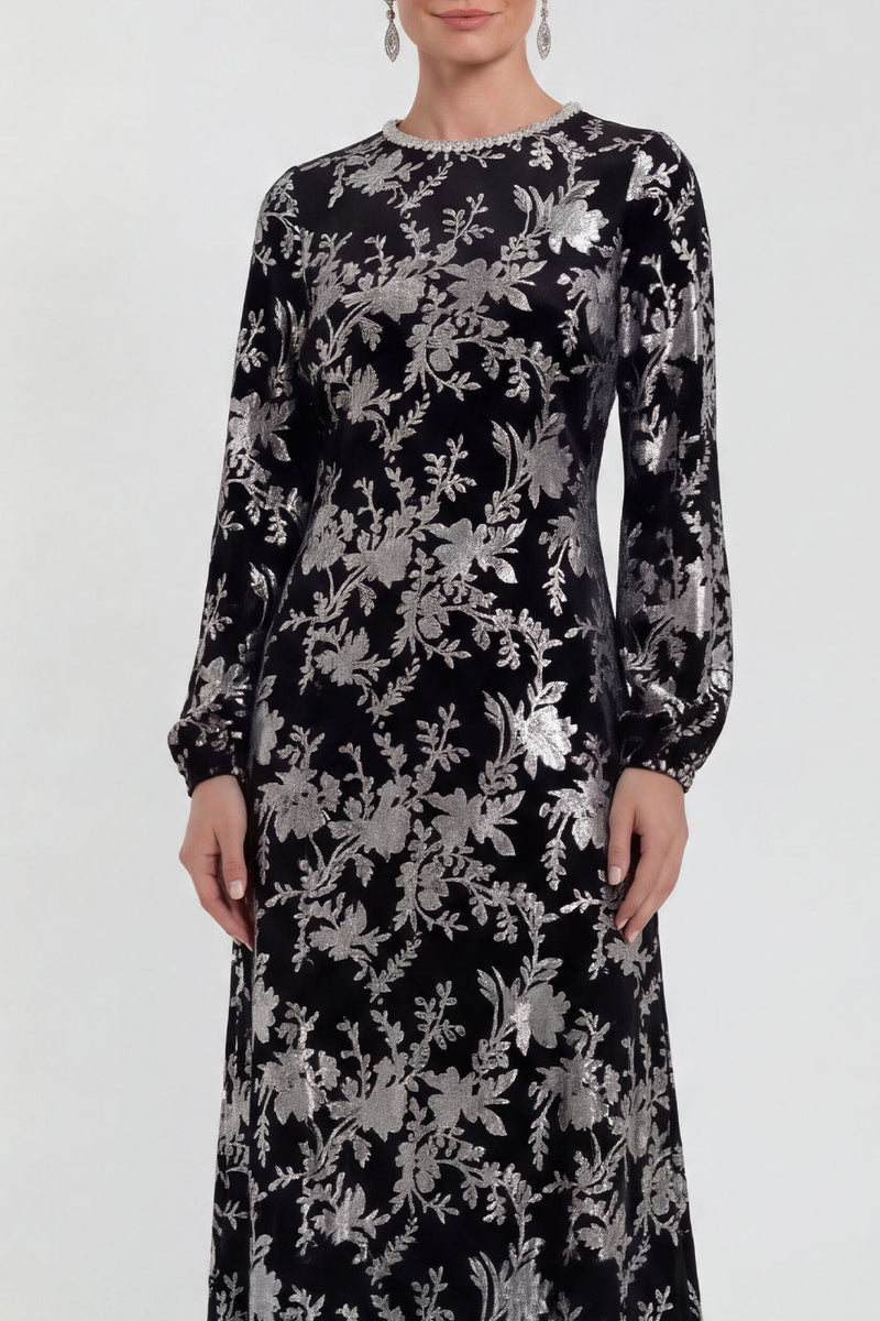 Laden Sie das Bild in den Galerie-Viewer, Fuchsia A-Linie Rundhals Samt Blumen Midi Mutter der Braut Kleid mit langen Ärmeln