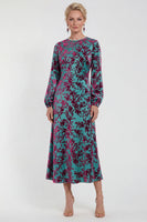 Laden Sie das Bild in den Galerie-Viewer, Fuchsia A-Linie Rundhals Samt Blumen Midi Mutter der Braut Kleid mit langen Ärmeln