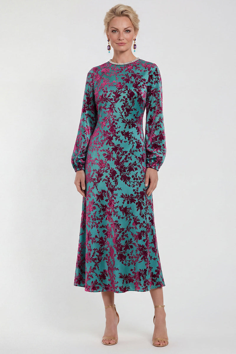Laden Sie das Bild in den Galerie-Viewer, Fuchsia A-Linie Rundhals Samt Blumen Midi Mutter der Braut Kleid mit langen Ärmeln