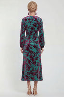 Laden Sie das Bild in den Galerie-Viewer, Fuchsia A-Linie Rundhals Samt Blumen Midi Mutter der Braut Kleid mit langen Ärmeln