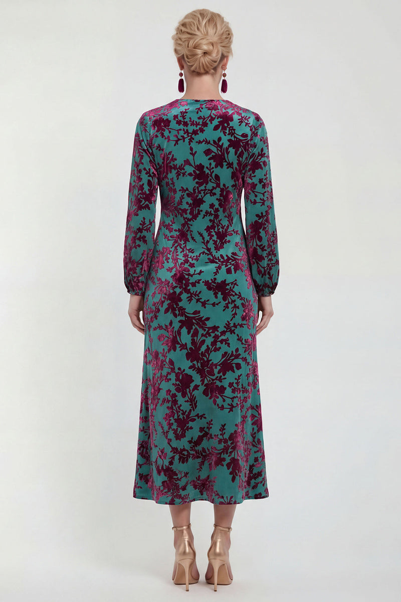 Laden Sie das Bild in den Galerie-Viewer, Fuchsia A-Linie Rundhals Samt Blumen Midi Mutter der Braut Kleid mit langen Ärmeln